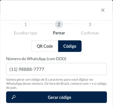 Passo Parear numa tela de celular, já aberto com a opção Código marcada.
