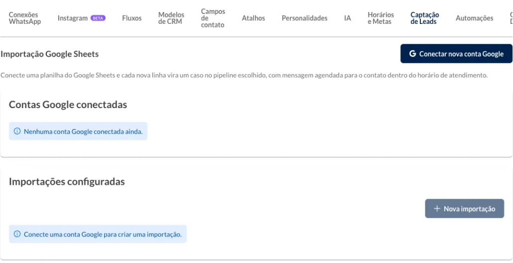 Aba Captação de Leads da Config. CRM, com a seção Importação Google Sheets, o botão Conectar nova conta Google e os blocos Contas Google conectadas e Importações configuradas, ainda vazios.
