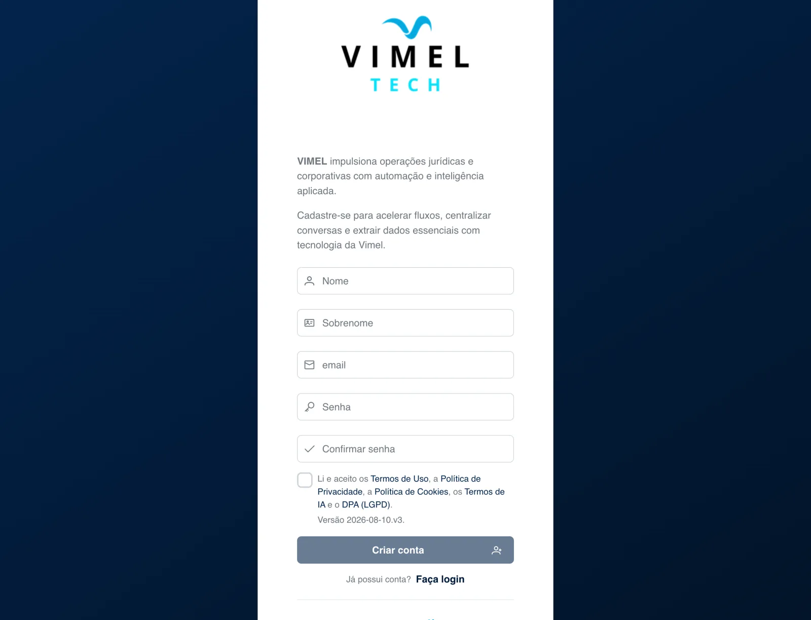 Tela de cadastro da Vimel, com os campos nome, sobrenome, e-mail, senha e confirmação de senha, e o aceite dos termos.