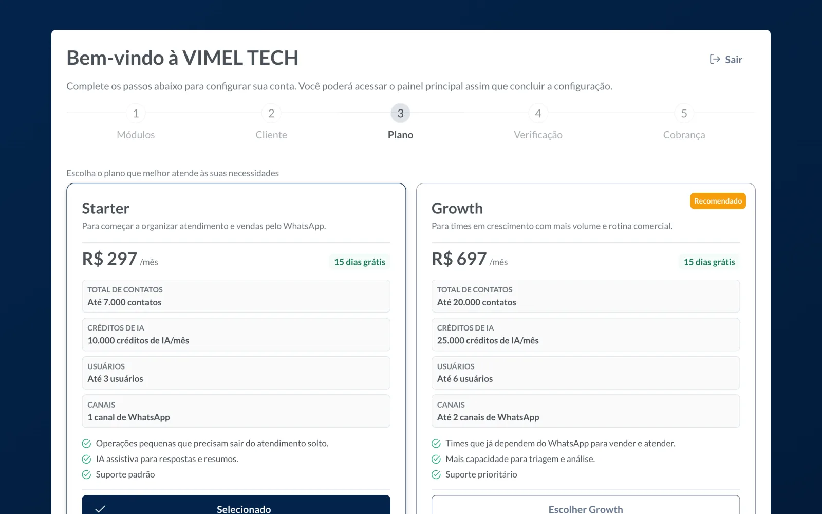 Passo Plano, com os planos lado a lado mostrando preço, período de teste e os limites de contatos, créditos de IA, usuários e canais de WhatsApp.
